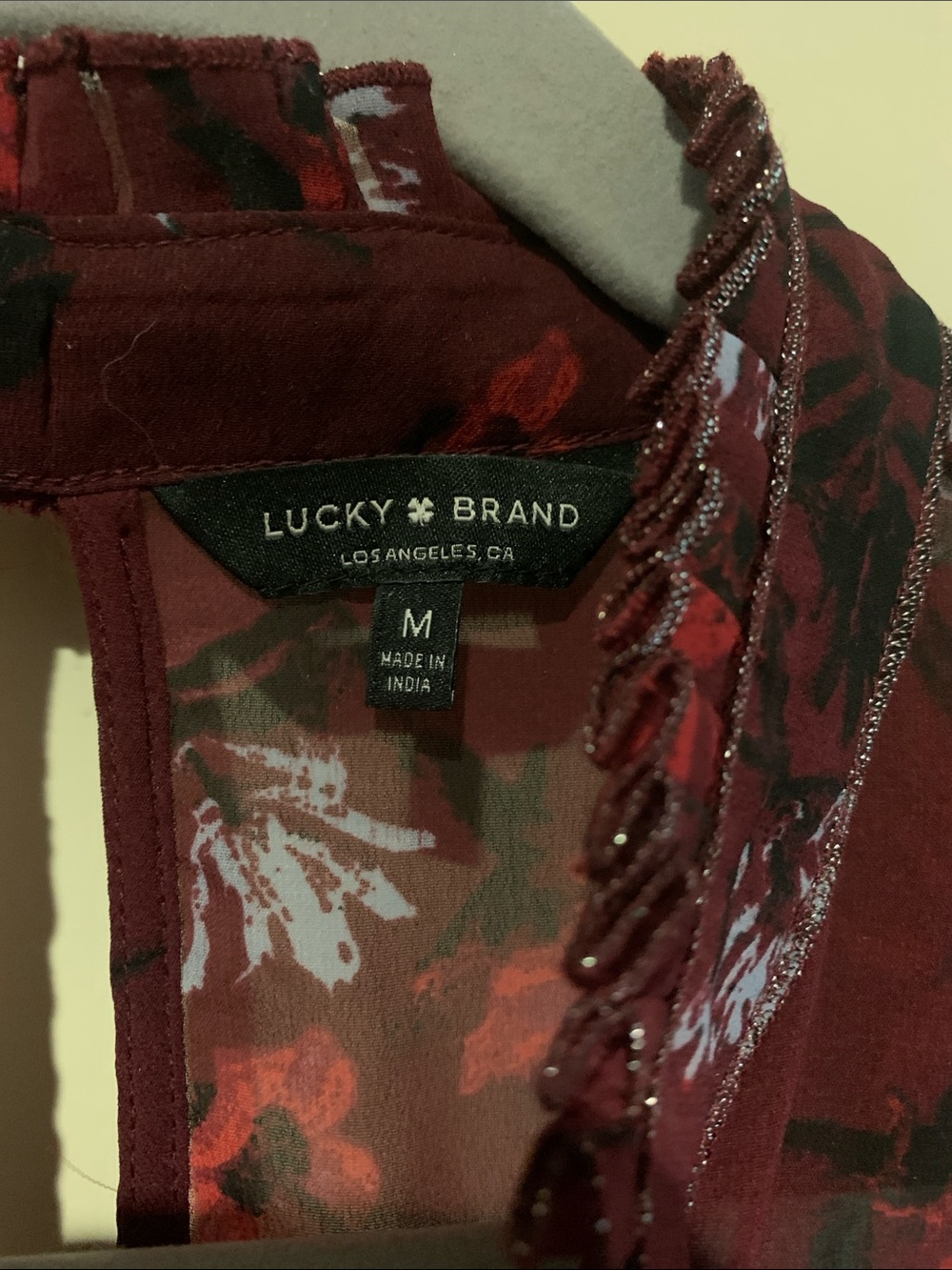 Lucky Brand Burgundy Floral Ruffle Tie-Neck Blouse - Picture 2 of 7